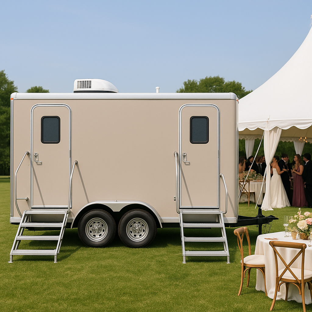 Luxury portable restroom trailer set up at an outdoor event beside a white marquee tent
